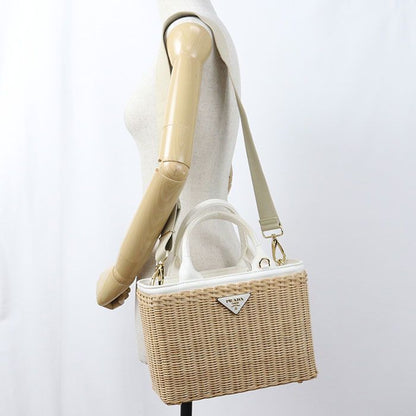 Prada Canvas Tote Bag 2-Way Medium Wicker Basket Rattan — view 8