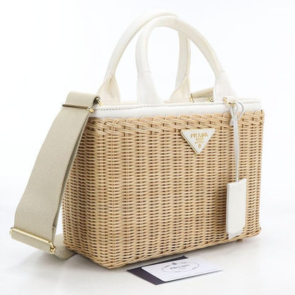 Prada Canvas Tote Bag 2-Way Medium Wicker Basket Rattan