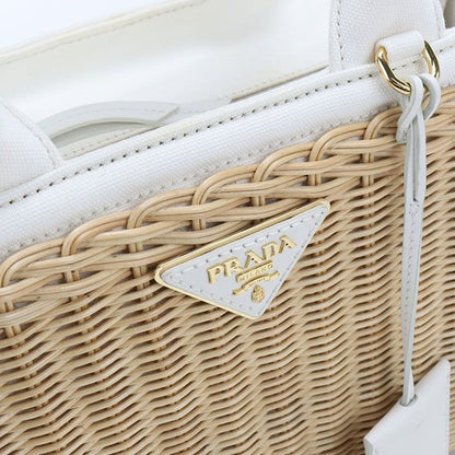 Prada Canvas Tote Bag 2-Way Medium Wicker Basket Rattan — view 7