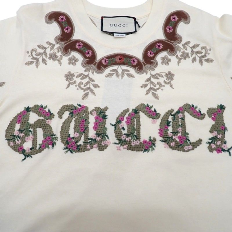 Gucci Flower Embroidery T-Shirt Short Sleeve Cotton Ivory S — view 5