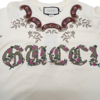 Gucci Flower Embroidery T-Shirt Short Sleeve Cotton Ivory S — view 5