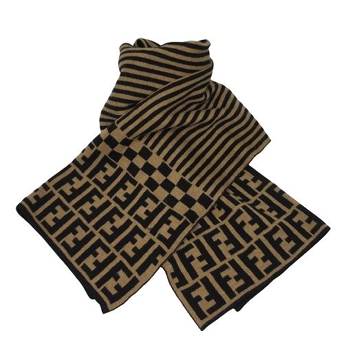 Fendi Scarf Shawl Vintage Reversible Wool Zucca Pattern Stripe Beige Black