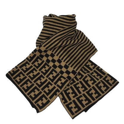 Fendi Scarf Shawl Vintage Reversible Wool Zucca Pattern Stripe Beige Black