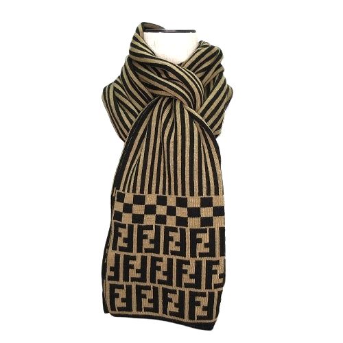 Fendi Scarf Shawl Vintage Reversible Wool Zucca Pattern Stripe Beige Black — view 2
