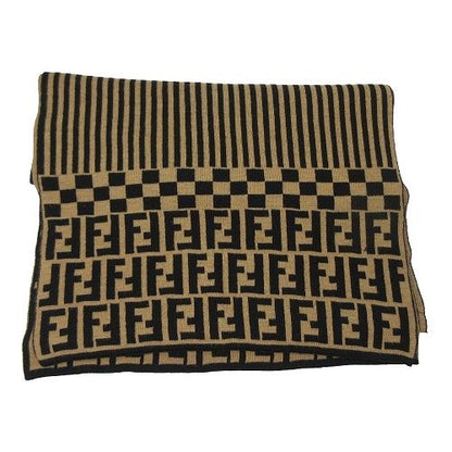 Fendi Scarf Shawl Vintage Reversible Wool Zucca Pattern Stripe Beige Black — view 4