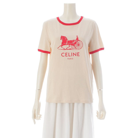 Celine Sulky Logo Short Sleeve T-Shirt Top Beige