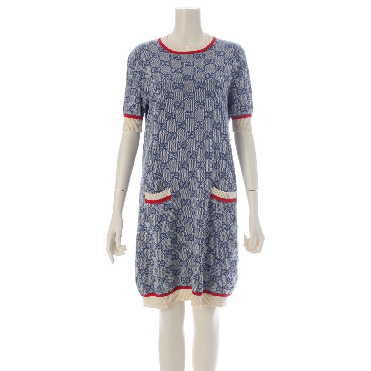 Gucci GG Jacquard Short Sleeve Knit Dress Blue