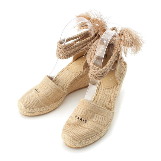 Dior Granville Canvas Logo Lace-up Wedge Sole Espadrilles Sandals Beige