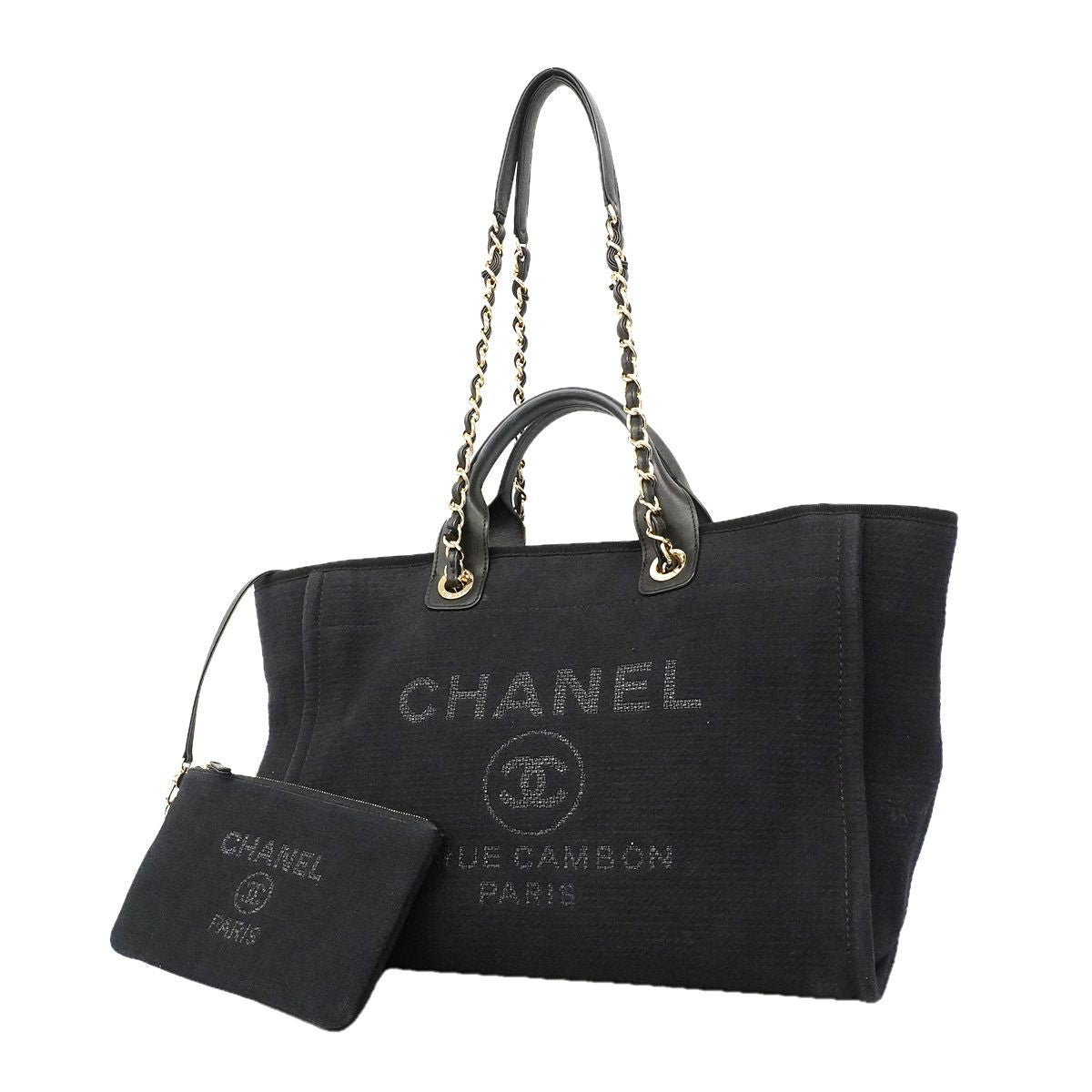 Chanel Chain Tote Bag Deauville Canvas Black Champagne Gold 2-Way Back