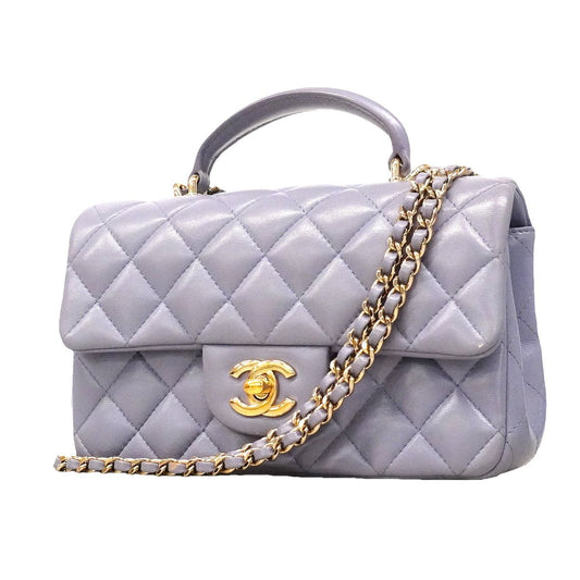Chanel Shoulder Bag Quilted Top Handle Lambskin Purple Champagne Gold 2-Way Back
