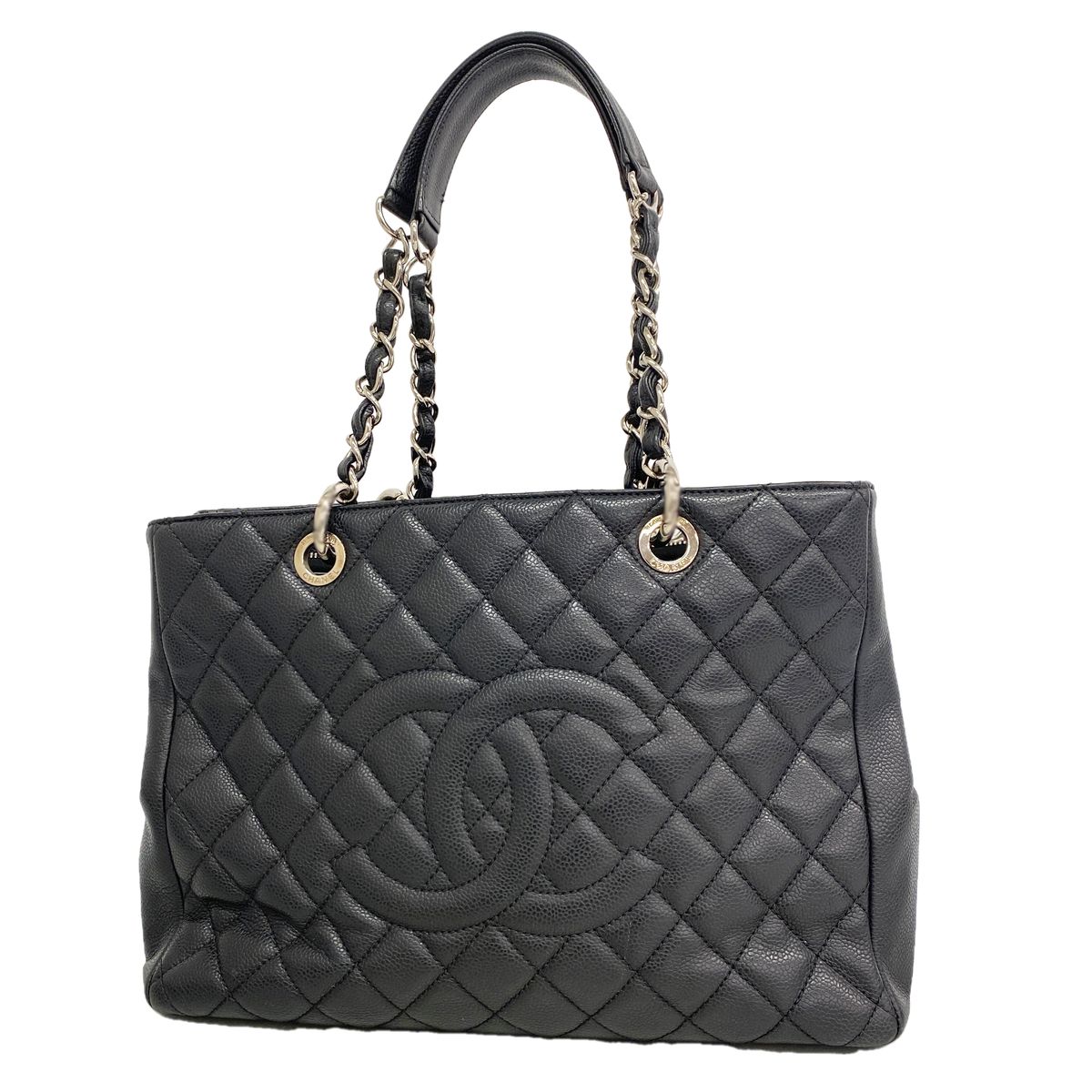 Chanel Chain Tote Bag Quilted Caviar Leather Black Silver