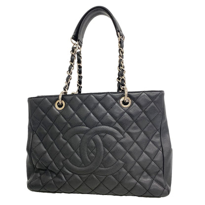 Chanel Chain Tote Bag Quilted Caviar Leather Black Silver