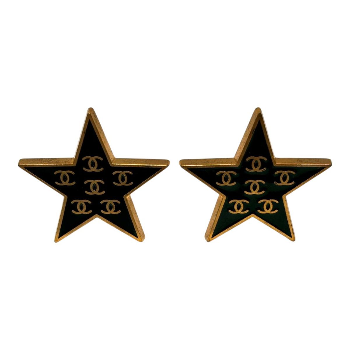 Chanel 01P CC Logo Star Black Gold Vintage Earrings Metal
