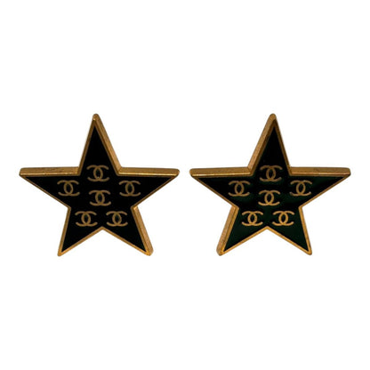 Chanel 01P CC Logo Star Black Gold Vintage Earrings Metal