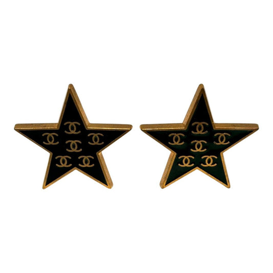 Chanel 01P CC Logo Star Black Gold Vintage Earrings Metal