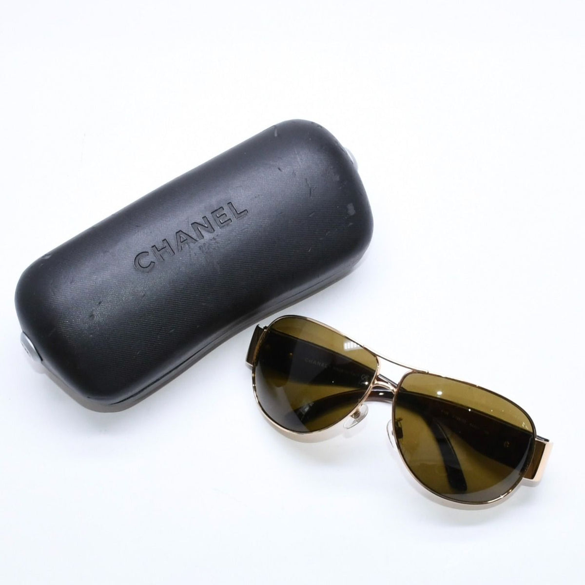 Chanel Side CC Logo Teardrop Sunglasses Metal Acetate Brown Gold Eyewear