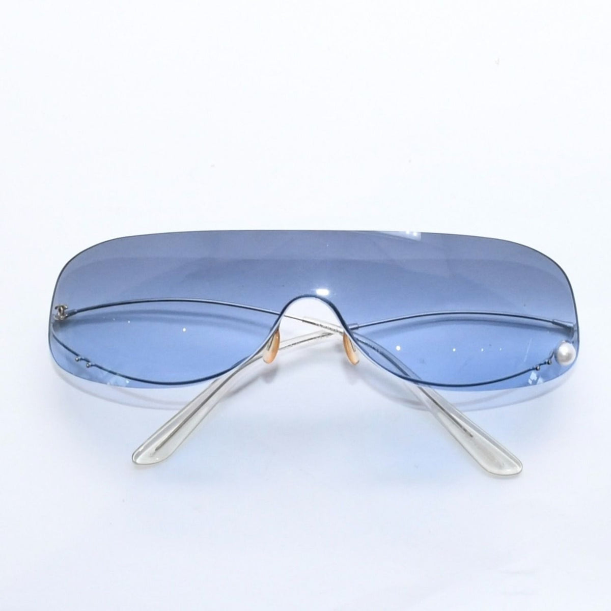 Chanel Shield Sunglasses Eyewear 125 CC Logo Faux Pearl Blue
