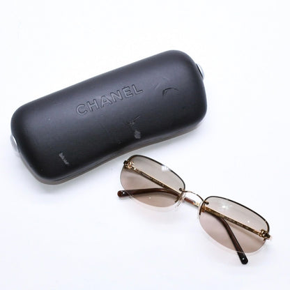 Chanel Rimless Sunglasses Side CC Logo Metal Brown Gold Eyewear