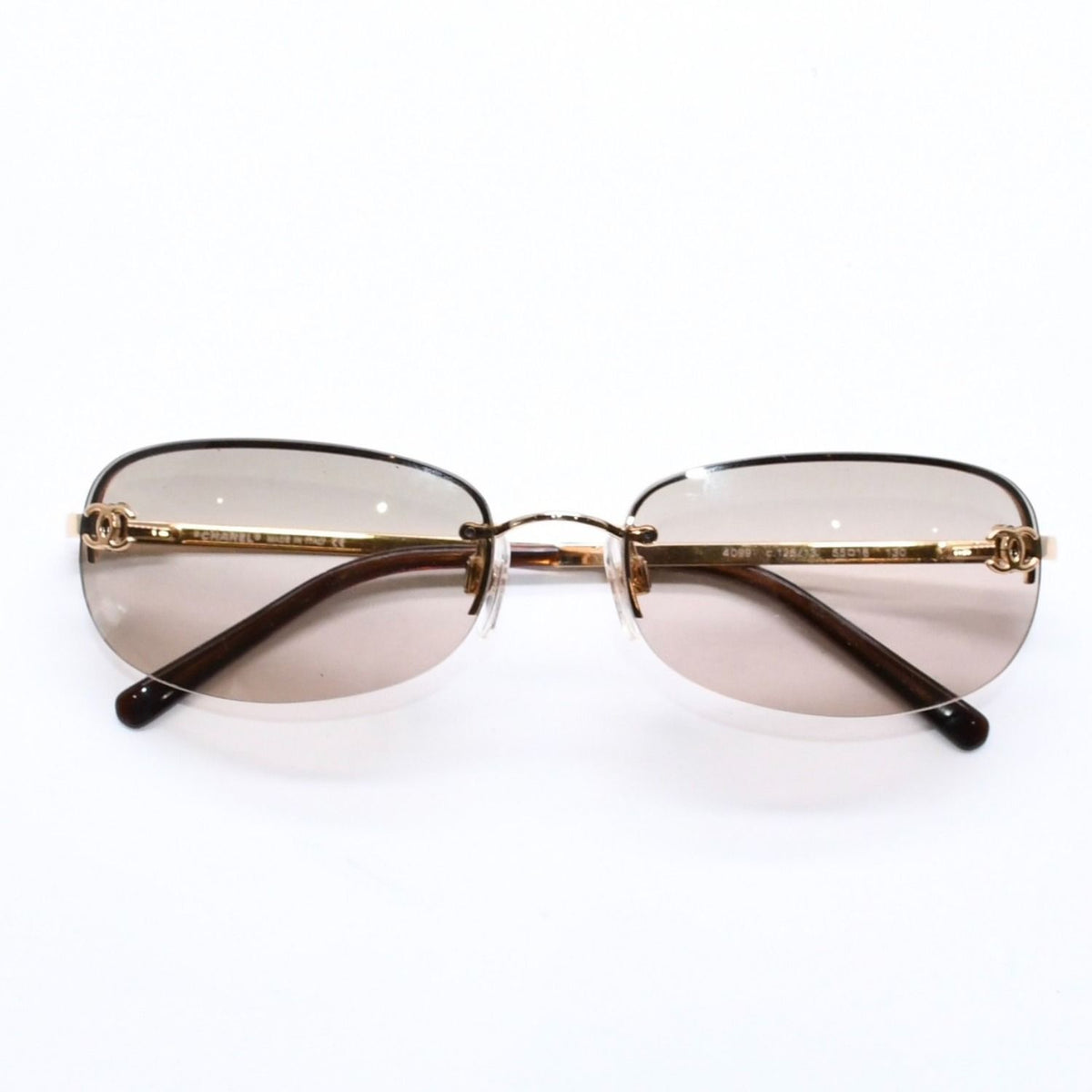 Chanel Rimless Sunglasses Side CC Logo Metal Brown Gold Eyewear — view 2