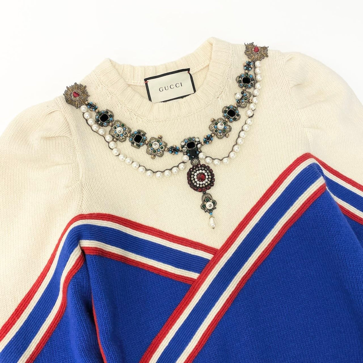 Gucci Decorative Knit Sweater Pearl Bijou Embroidery Top Multicolor Wool M — view 4
