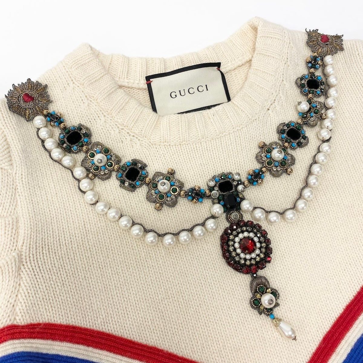 Gucci Decorative Knit Sweater Pearl Bijou Embroidery Top Multicolor Wool M — view 7