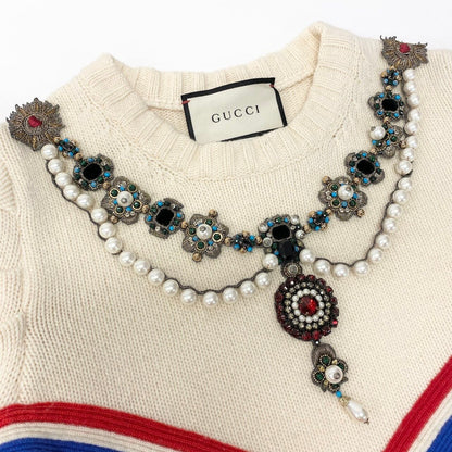 Gucci Decorative Knit Sweater Pearl Bijou Embroidery Top Multicolor Wool M — view 7