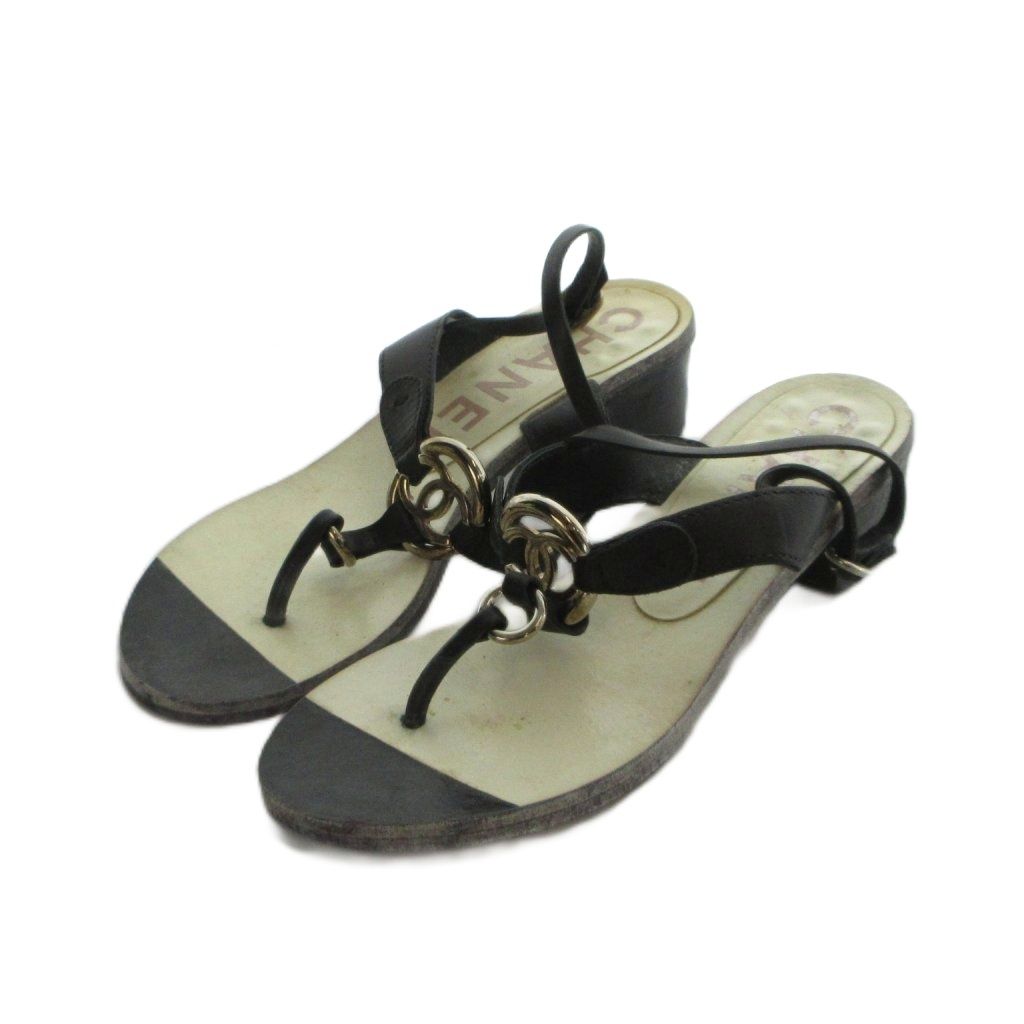 Chanel Sandals Strap Thong CC Logo Leather Black