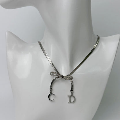 Dior Y2k CD Ribbon Double Chain Necklace Plated Silver Vintage
