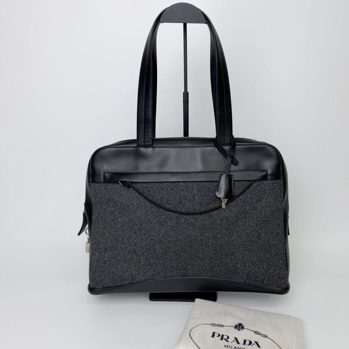 Prada Shoulder Bag Tweed Leather Gray Black Vintage — view 2