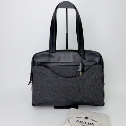 Prada Shoulder Bag Tweed Leather Gray Black Vintage — view 2