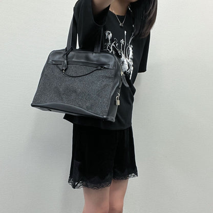 Prada Shoulder Bag Tweed Leather Gray Black Vintage