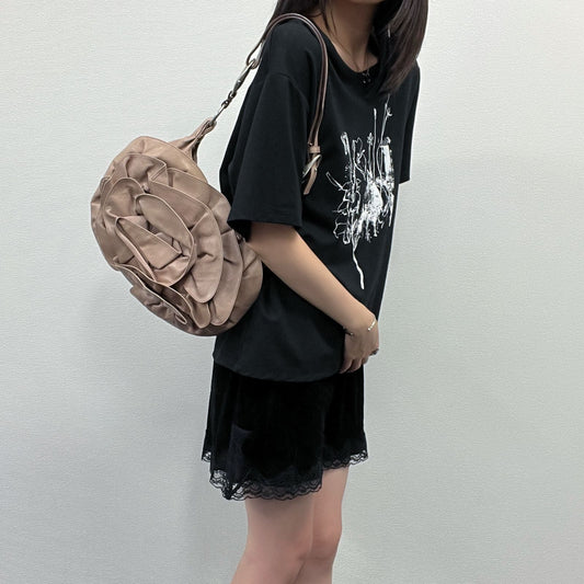 Saint Laurent Nadja Flower Leather Rosette Hobo Shoulder Bag Beige Silver