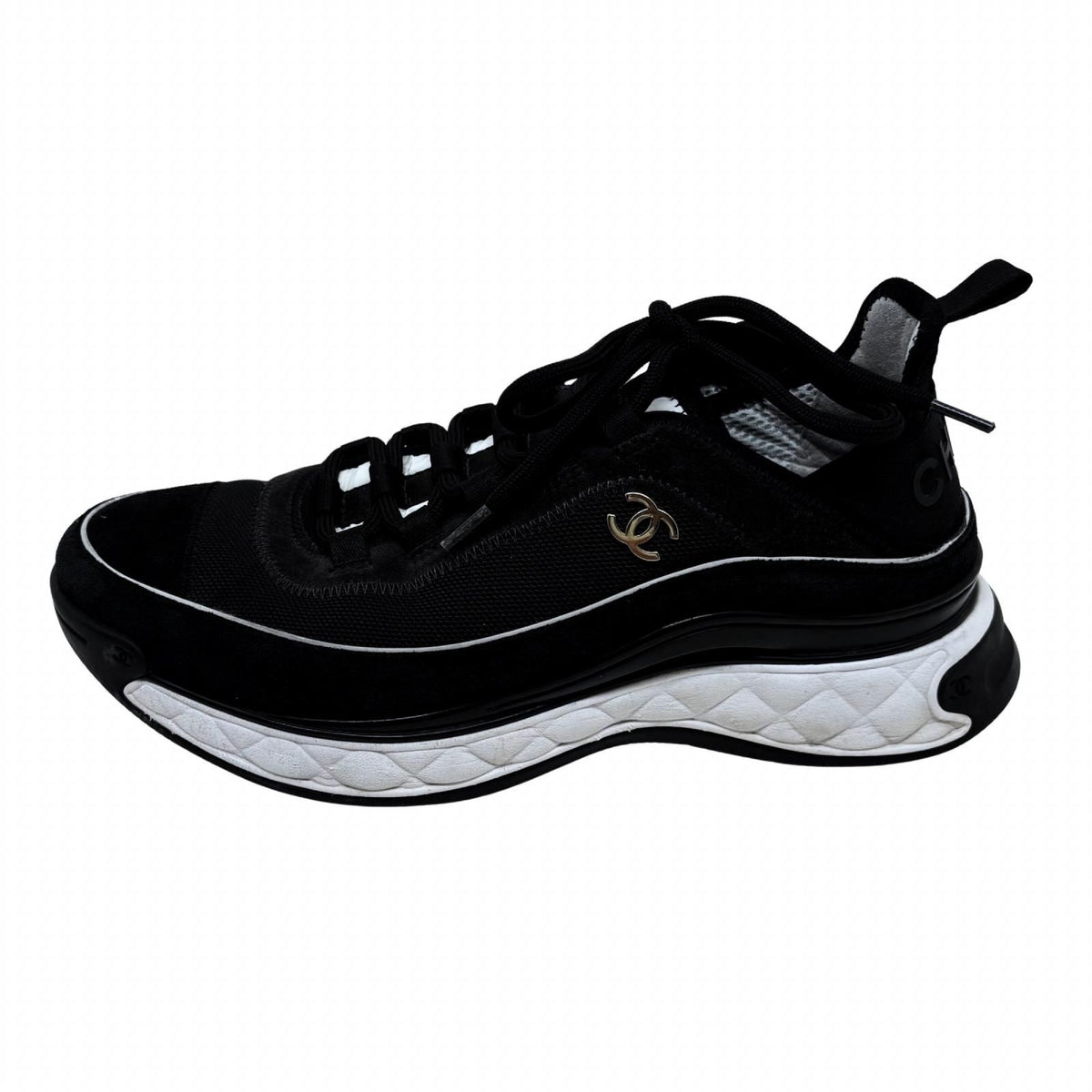 Chanel CC Logo Low-Top Sneakers Black White Suede Mesh — view 2
