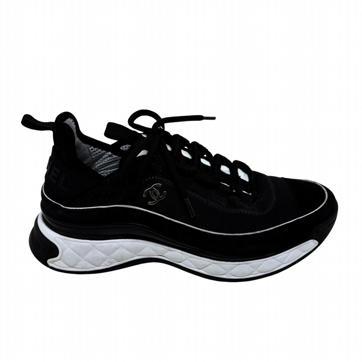 Chanel CC Logo Low-Top Sneakers Black White Suede Mesh — view 4