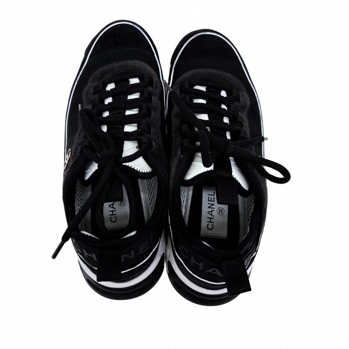 Chanel CC Logo Low-Top Sneakers Black White Suede Mesh — view 7