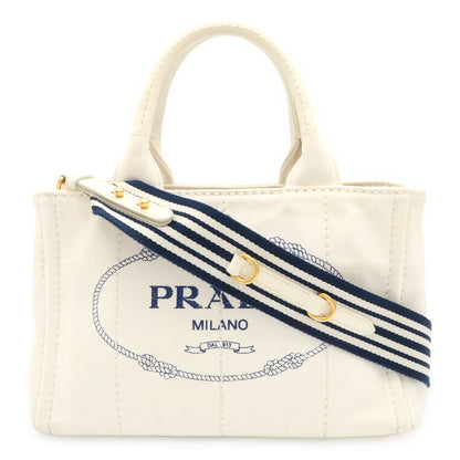 Prada Canapa Tote 2-Way Shoulder Bag Striped Canvas White Navy Gold