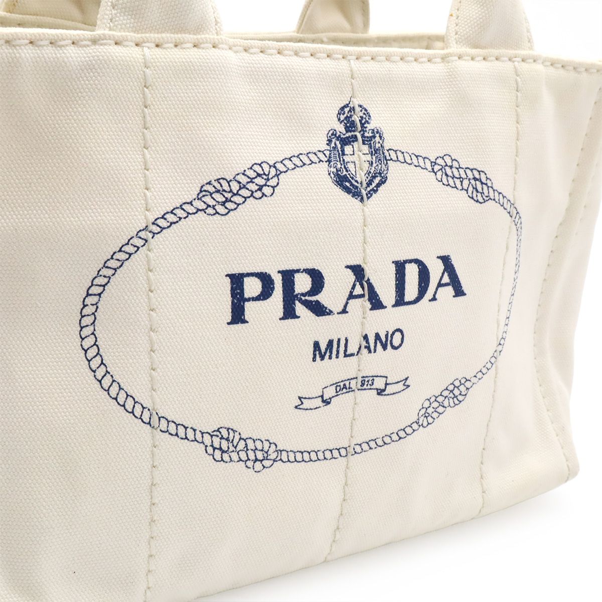 Prada Canapa Tote 2-Way Shoulder Bag Striped Canvas White Navy Gold — view 8