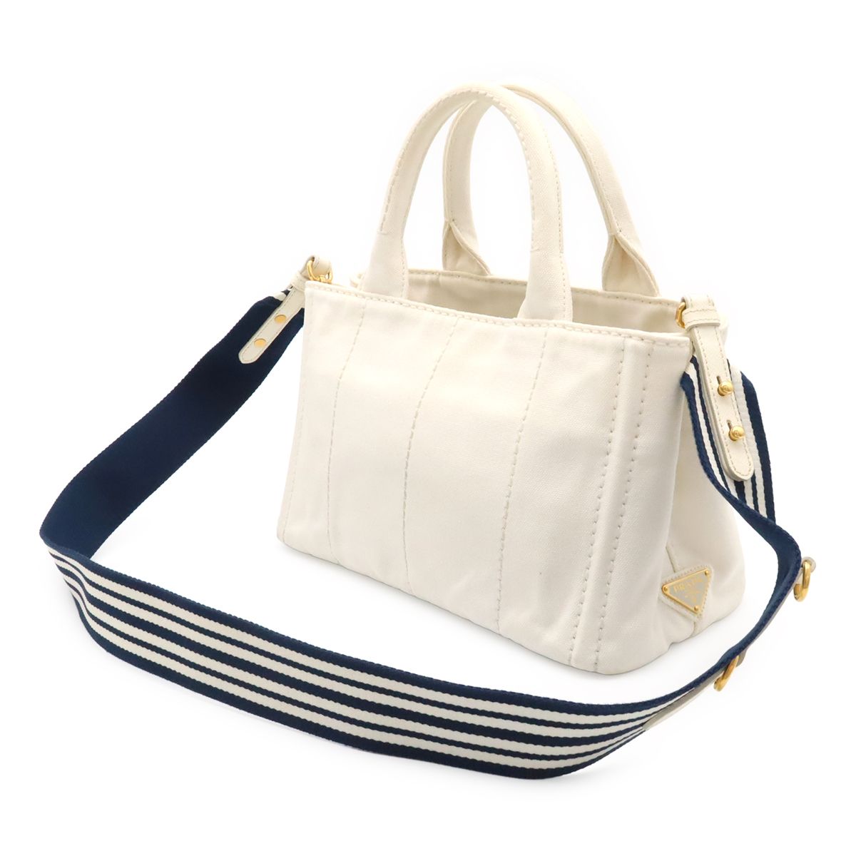 Prada Canapa Tote 2-Way Shoulder Bag Striped Canvas White Navy Gold — view 2