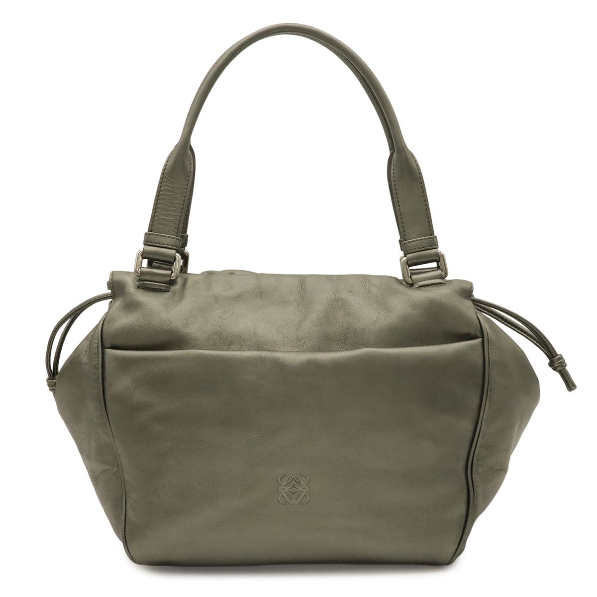 Loewe Anagram Shoulder Bag Tote Metallic Leather Khaki Silver