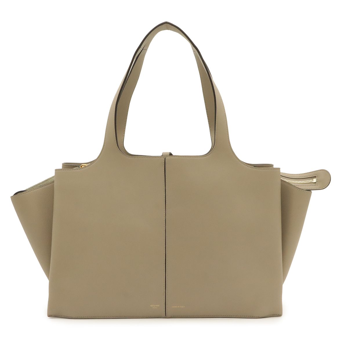 Celine Trifold Medium Tote Shoulder Bag Leather Greige Gold