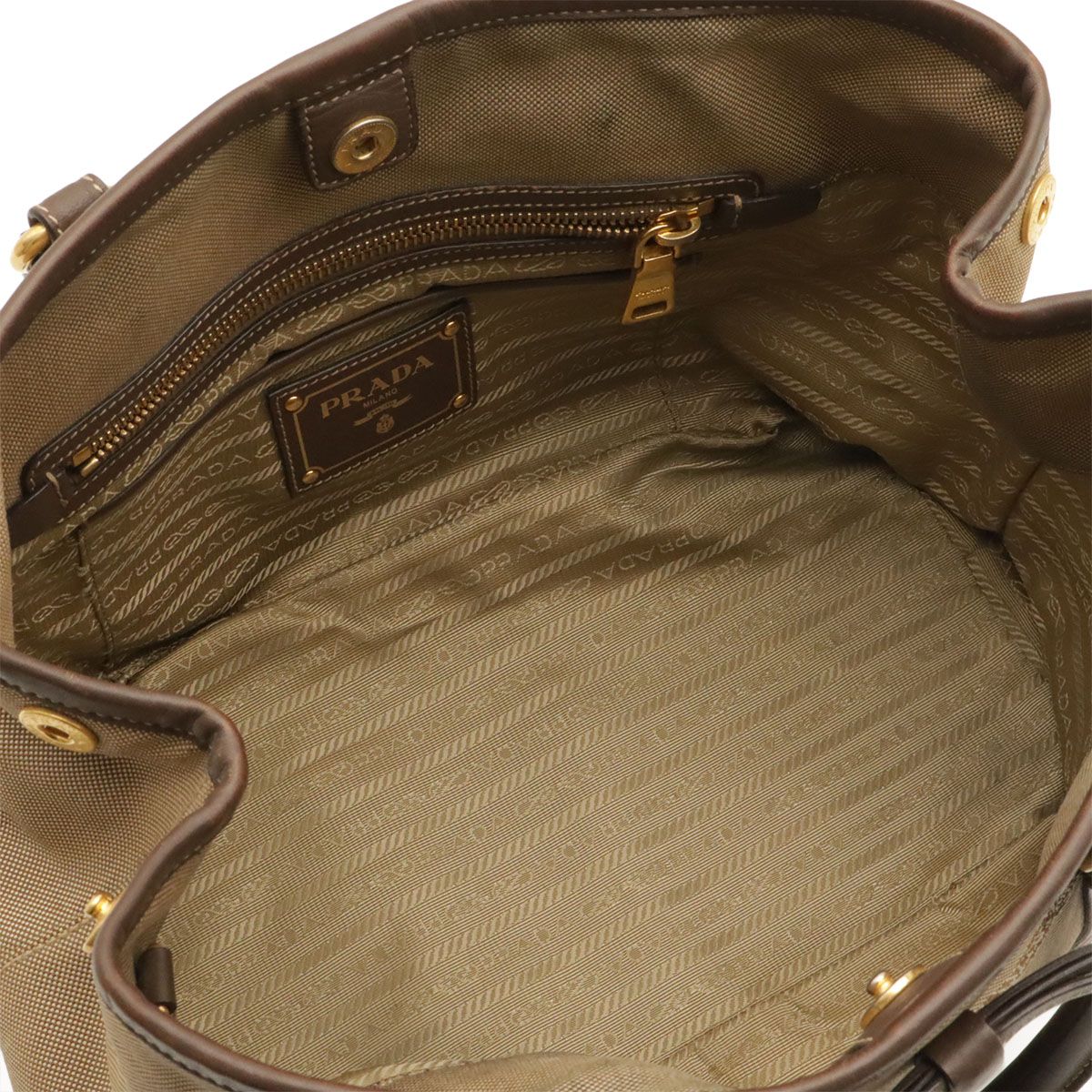 Prada Logo Jacquard Ribbon Tote 2-Way Shoulder Bag Canvas Khaki Beige Mocha — view 7