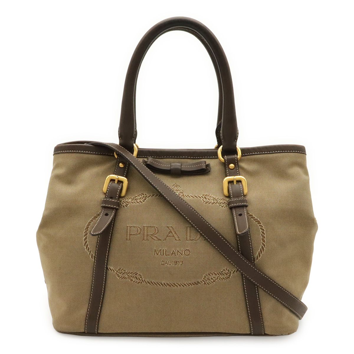 Prada Logo Jacquard Ribbon Tote 2-Way Shoulder Bag Canvas Khaki Beige Mocha