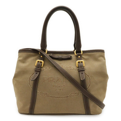 Prada Logo Jacquard Ribbon Tote 2-Way Shoulder Bag Canvas Khaki Beige Mocha