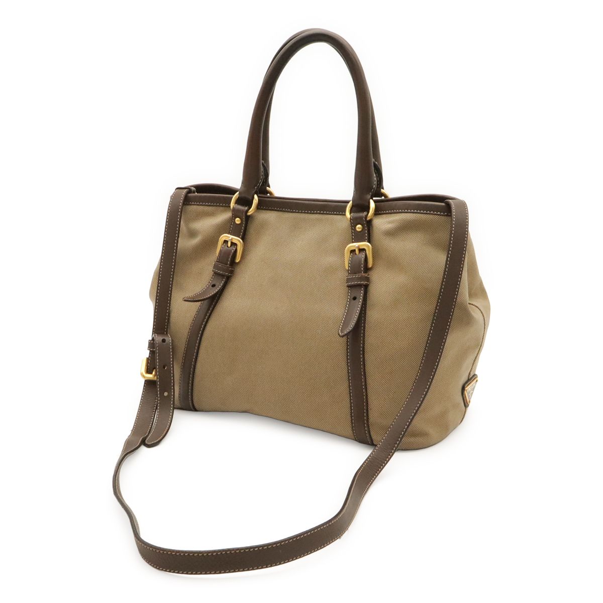 Prada Logo Jacquard Ribbon Tote 2-Way Shoulder Bag Canvas Khaki Beige Mocha — view 2