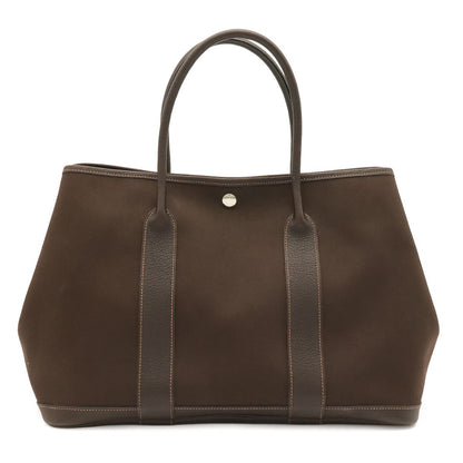 Hermes Garden Party PM Tote Shoulder Bag Toile Officier Leather Dark Brown