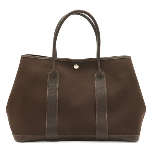 Hermes Garden Party PM Tote Shoulder Bag Toile Officier Leather Dark Brown