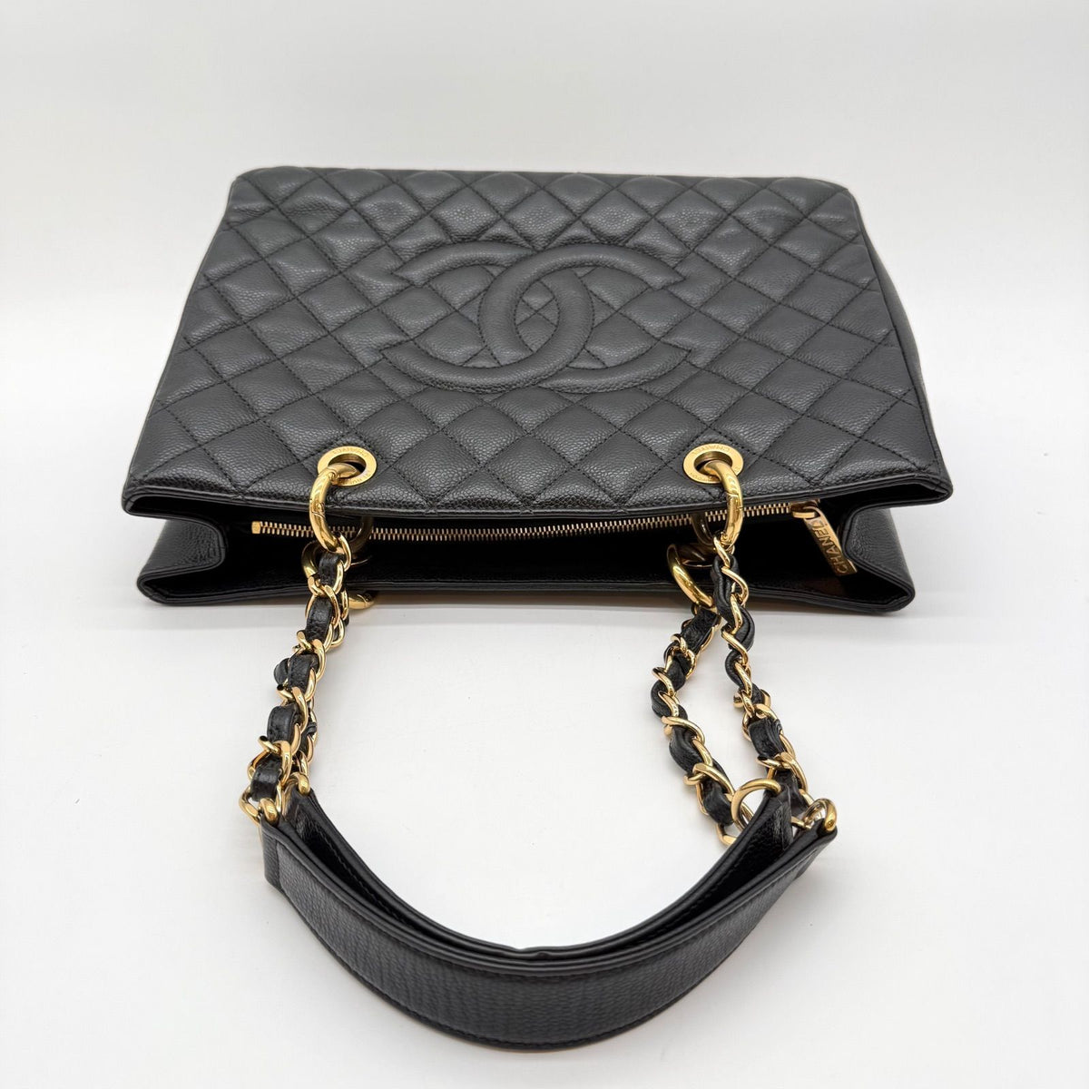 Chanel Caviar Leather Chain Tote Bag Big CC Logo Black — view 3