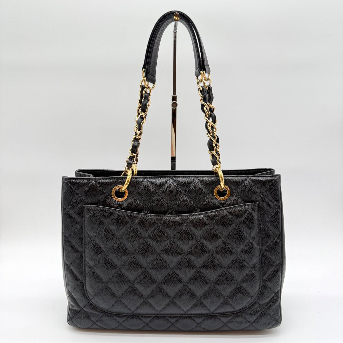 Chanel Caviar Leather Chain Tote Bag Big CC Logo Black — view 2
