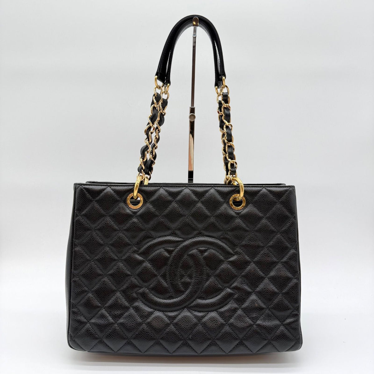 Chanel Caviar Leather Chain Tote Bag Big CC Logo Black