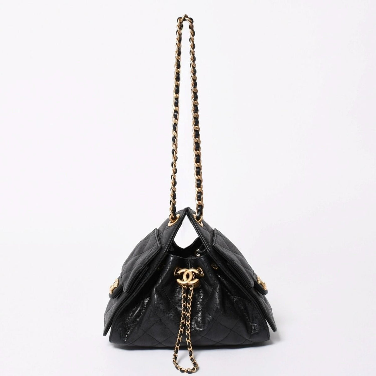 Chanel 25 Medium Chain Bag CC Logo Caviar Leather Black